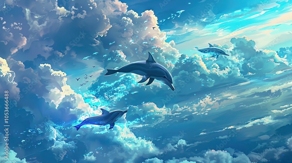 Fototapeta premium Sea and sky swap places, dolphins swim through clouds, chasing the horizon on National Dolphin Day