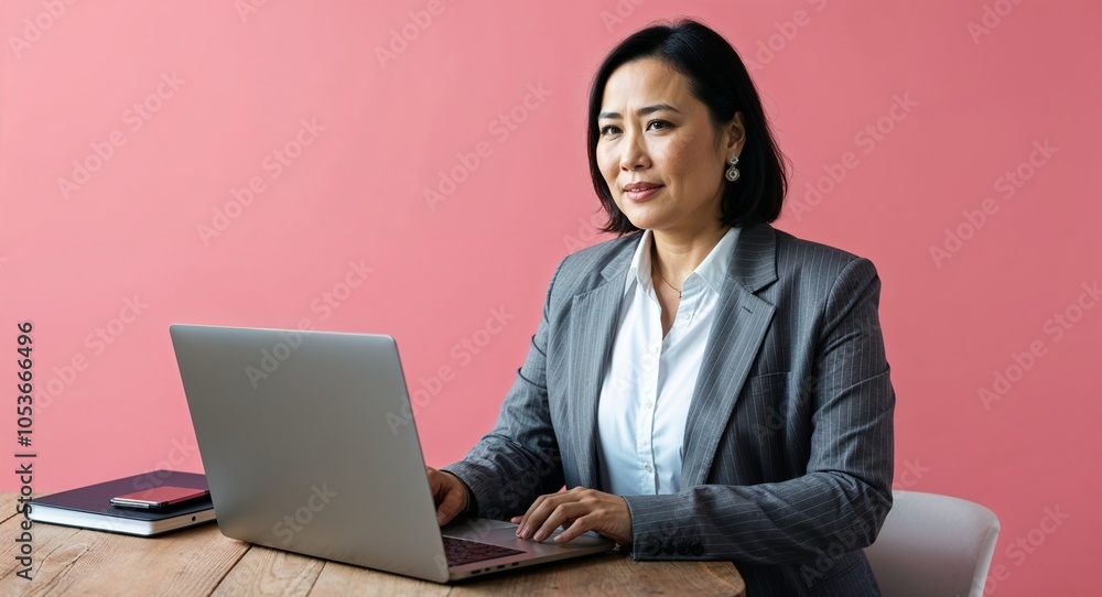 Asian entrepreneur working on laptop determined expression smart casual coworking space with plants sturdy build early forties male Asian entrepreneur working on laptop determined expression smart casual coworking space with plants sturdy build early forties male