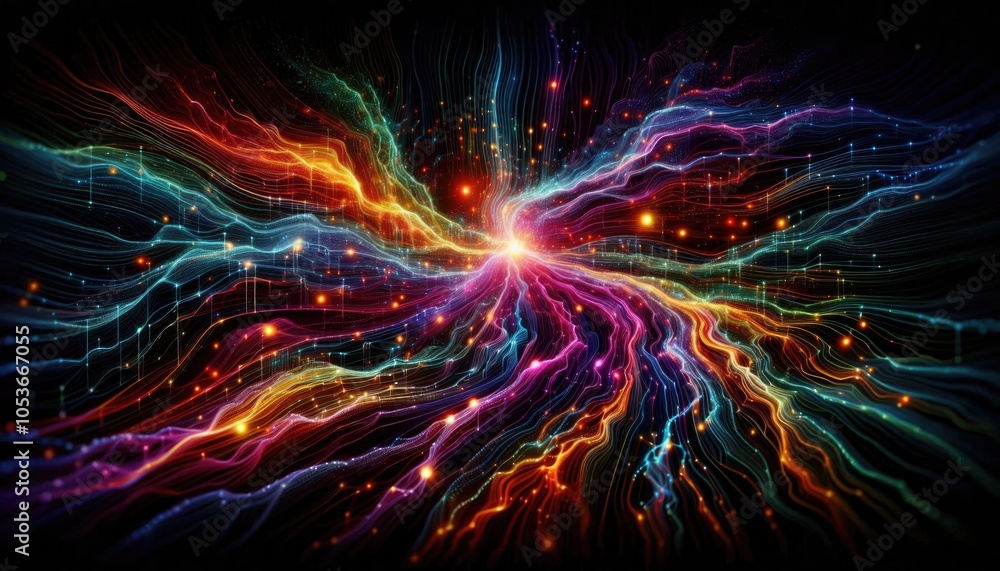 Obraz premium Abstract Flow of Deep Learning Network - Glowing Data Particles Through Neural Layers, Futuristic AI Art Concept, No People