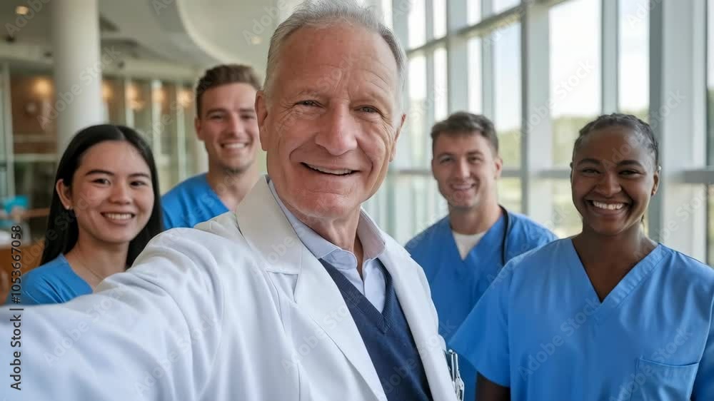 A group of healthcare professionals smiling together in a modern medical setting. A group of healthcare professionals smiling together in a modern medical setting.