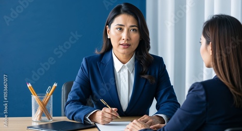 Asian lawyer consulting with client focused expression formal suit solid blue background chubby build mid forties female photo