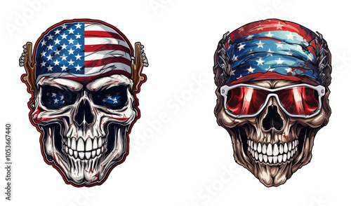 Vector illustration of a skull with an American flag bandana and sunglasses, perfect for patriotic and edgy design themes. Generative AI.