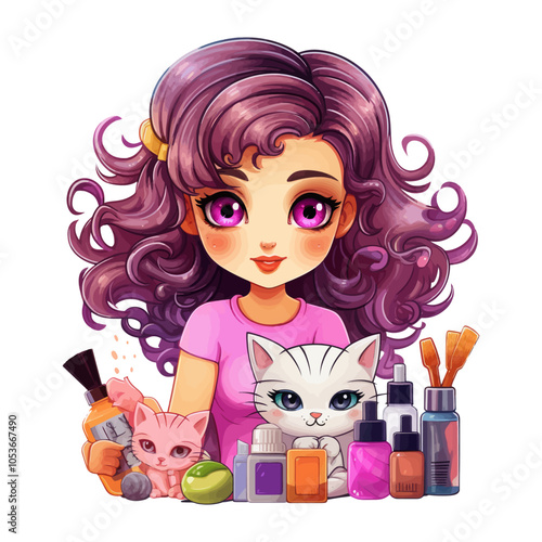 Vector illustration of a makeup artist cartoon girl surrounded by beauty products and her pet cats, perfect for beauty and lifestyle themes. Generative AI.