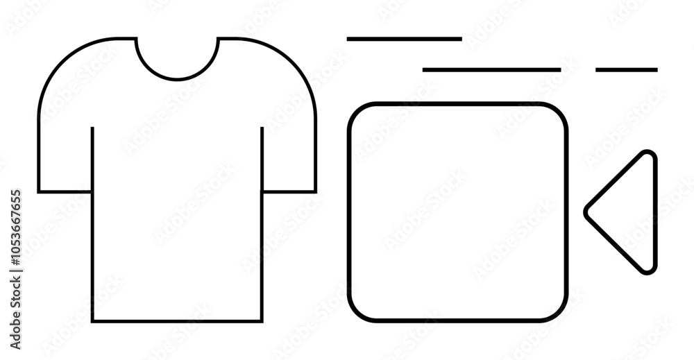 Simplistic black outline of a t-shirt beside a video camera icon with lines representing motion. Ideal for e-commerce, fashion, media, branding, content creation, marketing, and social media. Banner Simplistic black outline of a t-shirt beside a video camera icon with lines representing motion. Ideal for e-commerce, fashion, media, branding, content creation, marketing, and social media. Banner