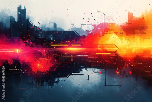 Abstract digital art with red and yellow colors and digital elements on a white background.