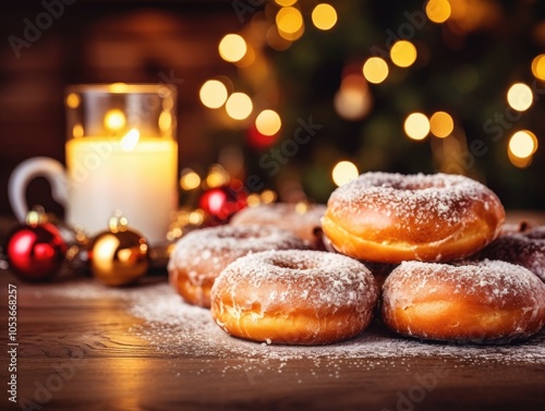 hristmas Room with Cozy Fireplace and Powdered Sugar Glazed Donuts on Wooden Table, Holiday Stock Image photo