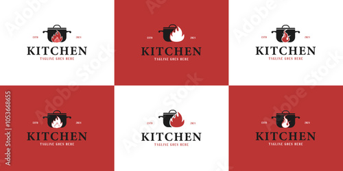 Set of fire with hot pot icon food logo design vector illustration