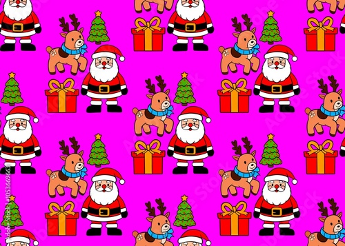 Seamless Christmas pattern on a pink background. Christmas pattern with deer, Santa and gifts. Happy new year. Christmas background. photo