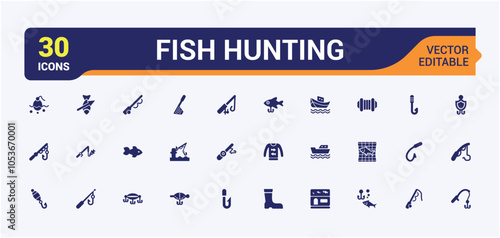 Set of Fishing solid icons. Related to fisherman, fish, catch, lake, freshwater and more. Modern flat icons. Vector filled icons Collection.