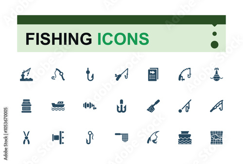 Fishing vector solid icon set. Includes icons for ocean, catch, lake, float, freshwater, compass and more. Flat filled style icons. Editable vector illustration.
