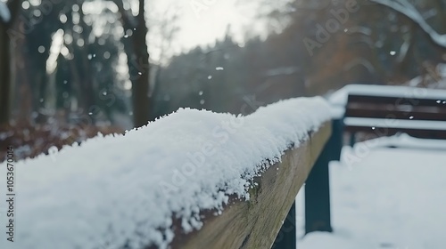 Wallpaper Mural Snow-Covered Wooden Railing with Blurred Background of Trees and Falling Snow Torontodigital.ca