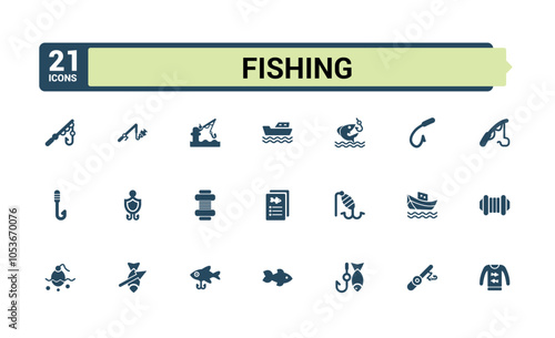 Fishing vector solid icon set. Includes icons for ocean, catch, lake, float, freshwater, compass and more. Flat filled style icons. Editable vector illustration.