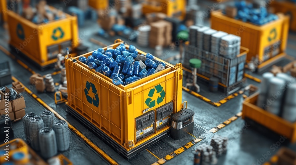 Yellow Recycling Bin Filled with Blue Plastic Bottles on a Conveyor Belt Yellow Recycling Bin Filled with Blue Plastic Bottles on a Conveyor Belt