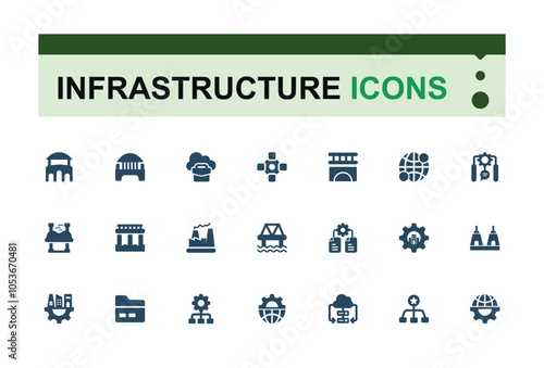 Set of Infrastructure solid icons. Includes icons for architecture, urban, industry, development, corporation, community, skyscraper and more. Perfect for logos and infographics. Vector illustration.