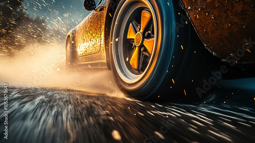 High-Speed Close-Up of Sports Car Tire with Splattering Mud and Sunlit Motion Blur