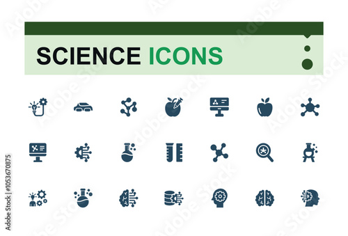 Science icons set in solid style. Includes icons for health, glasses, formula, ecology, test tube, analysis and more. Flat filled icons pack. Vector filled icons Collection.