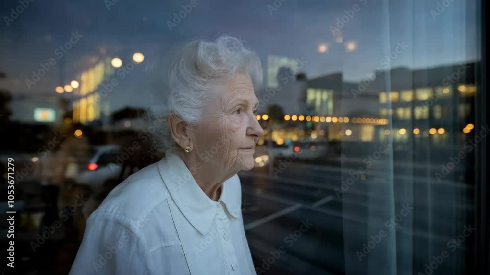 An elderly woman gazes thoughtfully out a window, reflecting on life as city lights glow. An elderly woman gazes thoughtfully out a window, reflecting on life as city lights glow.