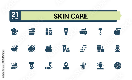 Set of Skin Care solid icons. Includes flat solid anti, wom, acne, hair, set, dermatology, flat, face. Set of filled pictogram. Vector illustration.