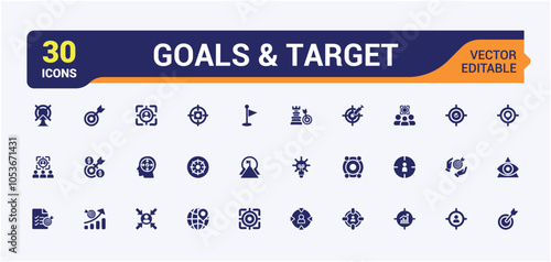 Set of Target solid icons. Related to glyph, achievement, pointer, score, arrow, archery, shooting sport and more. Filled icons pack. Vector illustration.