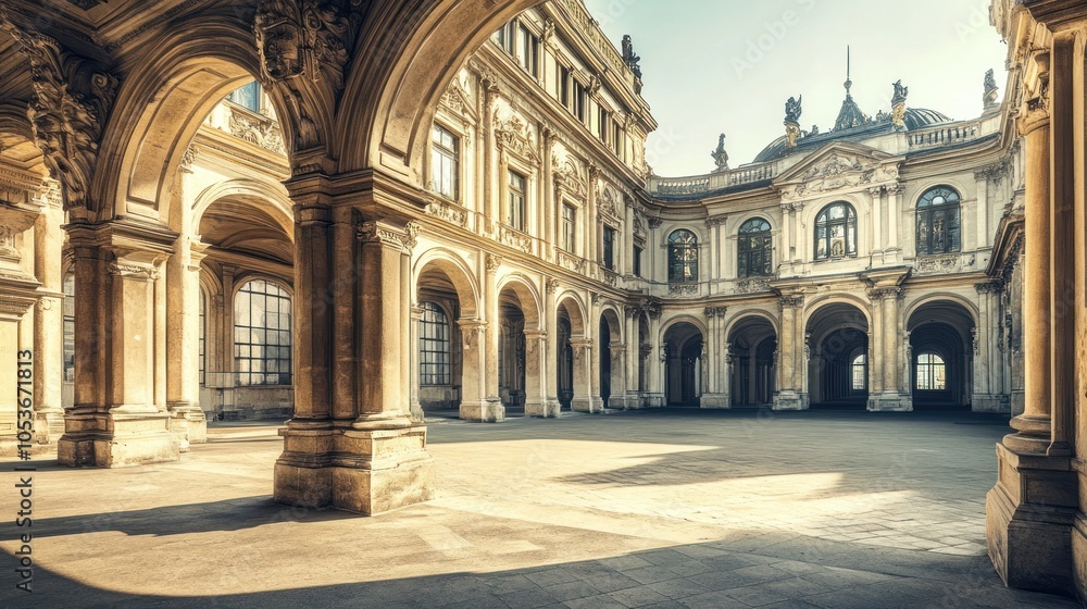 Obraz premium A grand architectural courtyard featuring classical arches and intricate details.