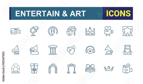 Entertainment and Arts icon pack. Includes icons for painting, entertainment, design, frame, theatre, artwork, art. Simple icon designs. Editable vector icon and illustration.