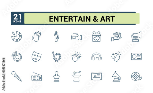 Entertainment and Arts icon pack. Includes icons for painting, entertainment, design, frame, theatre, artwork, art. Simple icon designs. Editable vector icon and illustration.