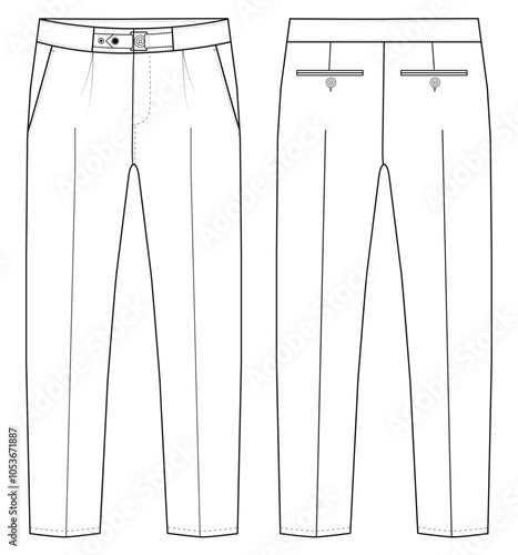  Men's formal trouser vector pant front and back view flat sketch fashion illustration, Vector technical sketch. Mockup template.