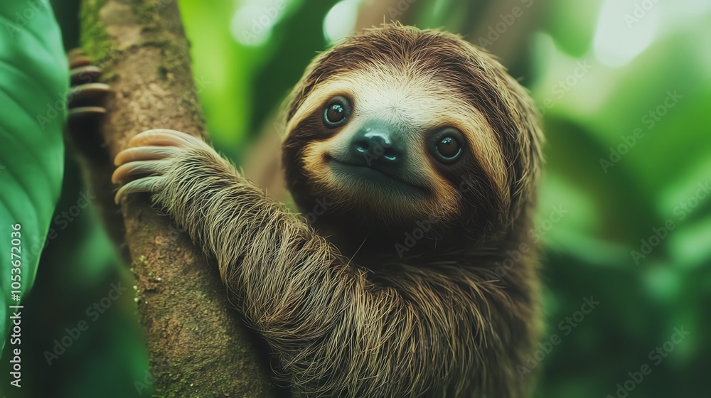Fototapeta premium A cute sloth hanging from a tree, surrounded by vibrant green leaves in a lush rainforest setting.