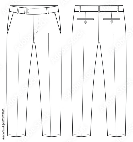 Chino trousers. Men's formal trouser pant front and back view flat sketch fashion illustration, Vector technical sketch. Mockup template.	