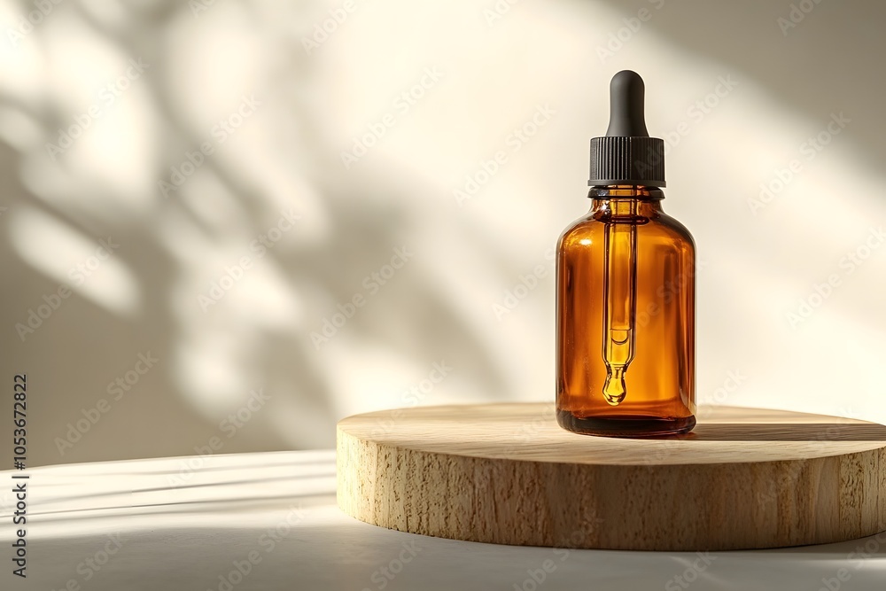 An amber glass dropper bottle on a wooden surface, illuminated by soft natural light. An amber glass dropper bottle on a wooden surface, illuminated by soft natural light.