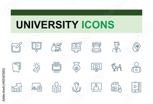 University academy vector line icon set. Includes thin line halls, project, minimalist, school, education, inspiration, book and more. Thin linear style icons. Editable vector and illustration.