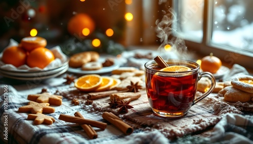 A warm mug of mulled wine garnished with orange slices and spices, set on a rustic wooden table, surrounded by festive gingerbread cookies and pastries in a cozy, dimly lit holiday setting