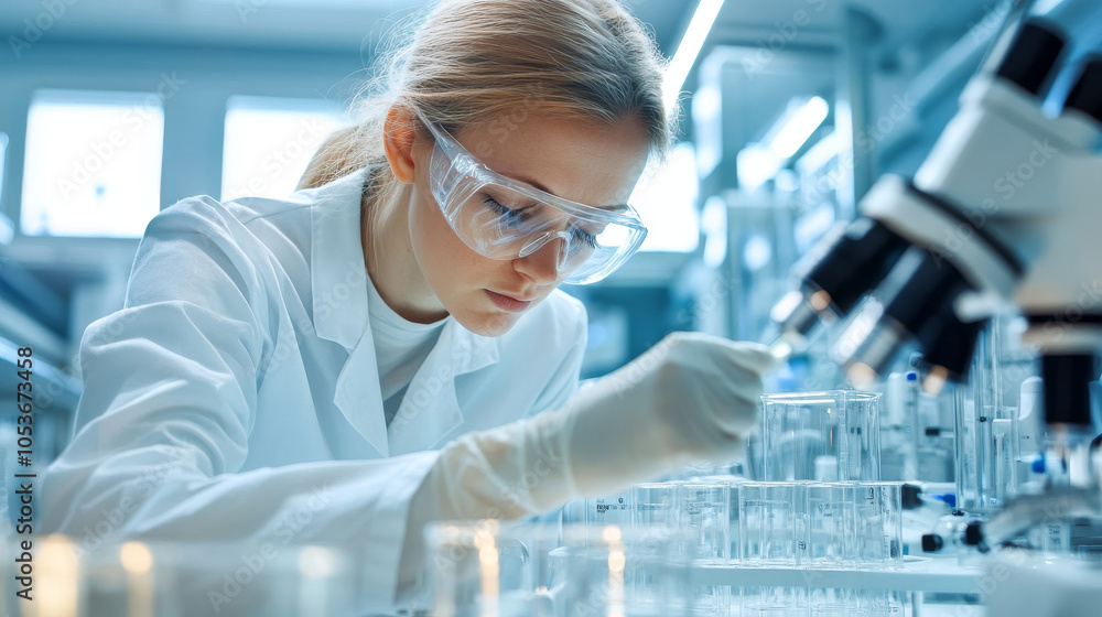Laboratory technician conducting experiments with glassware and microscope, showcasing precision and focus in modern lab environment Laboratory technician conducting experiments with glassware and microscope, showcasing precision and focus in modern lab environment