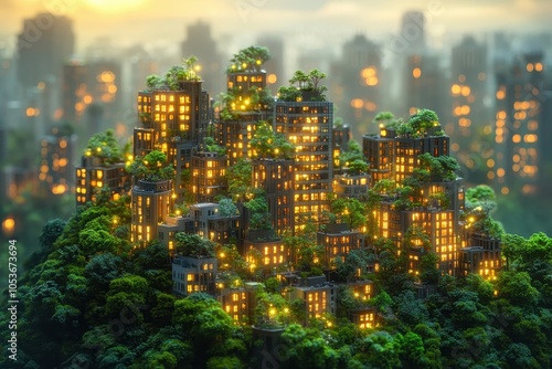 An eco-friendly city on a hill, glowing with evening lights and surrounded by lush greenery