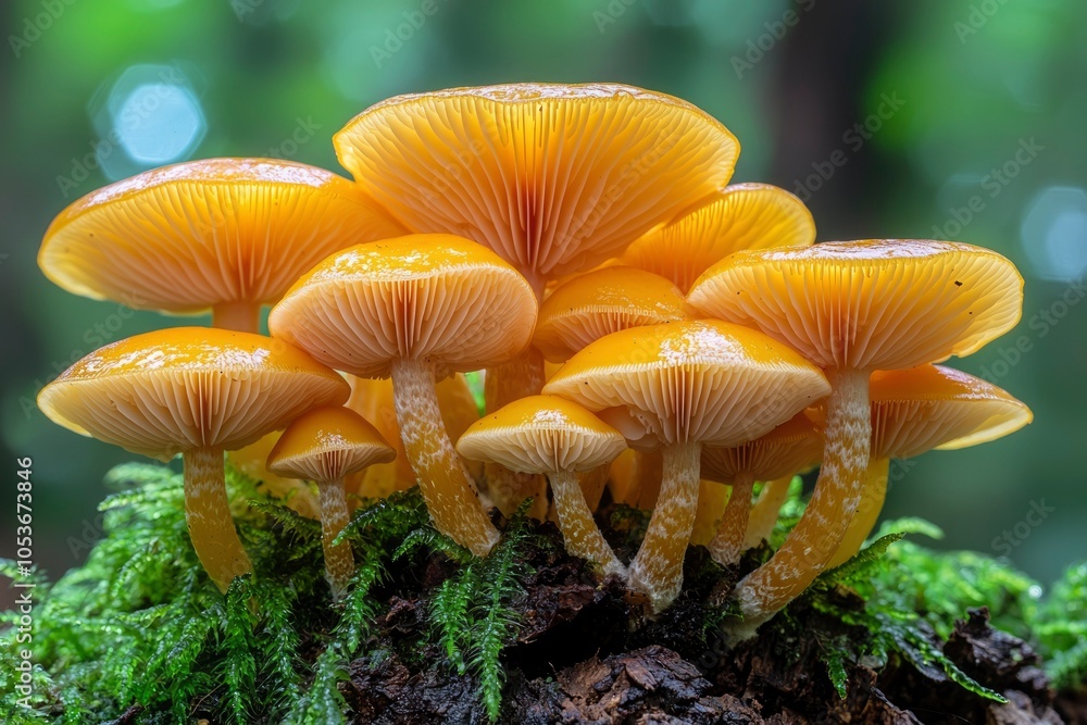 Cluster of Bright Yellow Mushrooms in a Forest Setting Cluster of Bright Yellow Mushrooms in a Forest Setting