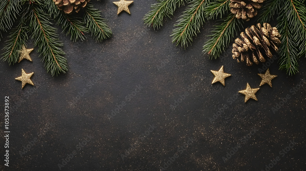 Christmas Decor: Pine Branches, Golden Stars & Cones on Black Background Christmas Decor: Pine Branches, Golden Stars & Cones on Black Background