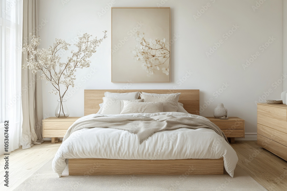 A serene bedroom featuring wooden bed frame, soft bedding, and minimalist decor. light color palette and floral artwork create calming atmosphere, perfect for relaxation A serene bedroom featuring wooden bed frame, soft bedding, and minimalist decor. light color palette and floral artwork create calming atmosphere, perfect for relaxation