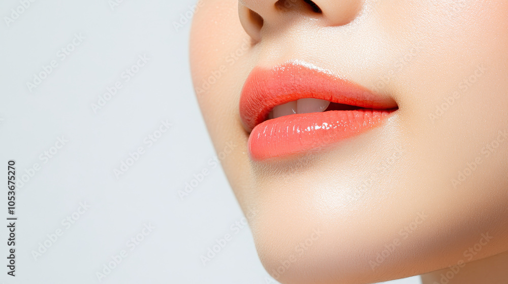 Fototapeta premium A close up of womans lips showcases vibrant coral lip color, highlighting smooth texture and shine. image conveys sense of beauty and elegance
