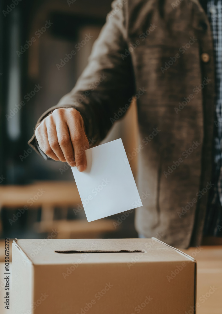 person putting ballot paper into ballot box at polling station, blurred background of voting hall, us elections, november 5, voter, people, cast vote for candidate person putting ballot paper into ballot box at polling station, blurred background of voting hall, us elections, november 5, voter, people, cast vote for candidate
