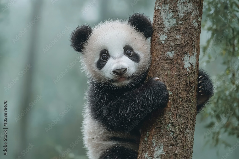 Fototapeta premium A Curious Panda Cub Climbing a Tree in a Misty Forest