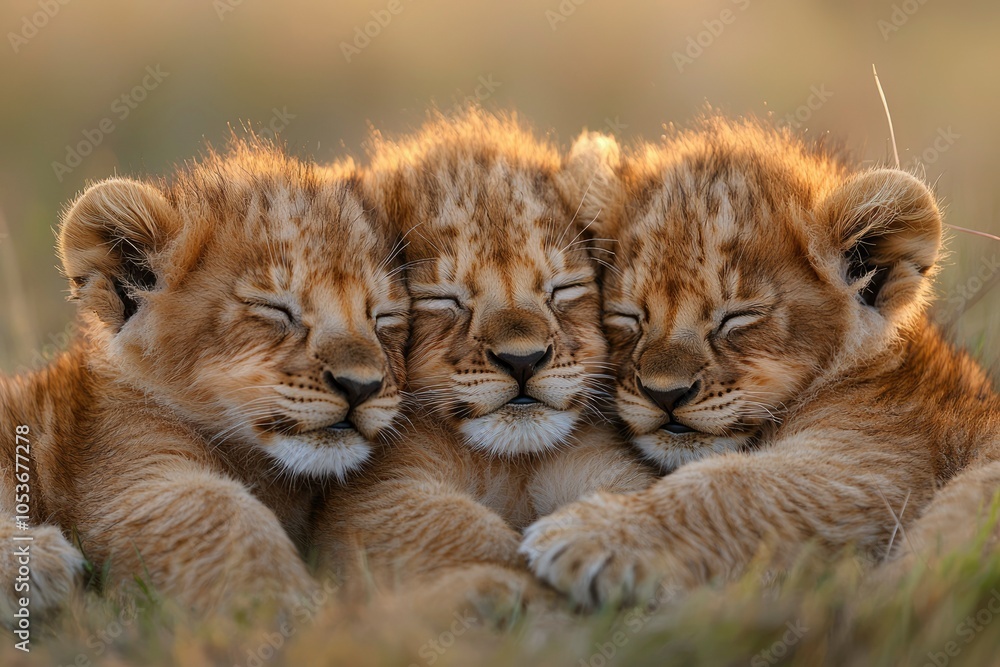 Three Lion Cubs Snuggling and Sleeping in the Grass Three Lion Cubs Snuggling and Sleeping in the Grass