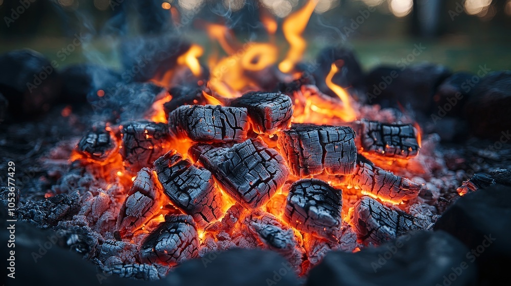 A close-up of glowing charcoal embers in a fire pit, creating a warm and inviting atmosphere. A close-up of glowing charcoal embers in a fire pit, creating a warm and inviting atmosphere.