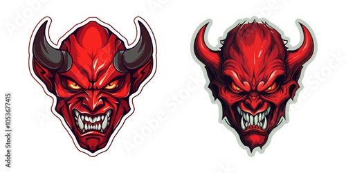 Vector illustration of a fiery red devil face with horns and a menacing expression, ideal for horror and gothic designs. Generative AI.