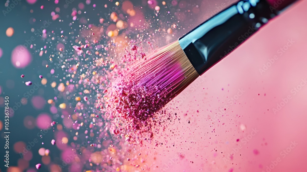 Paintbrush creating colorful powder explosion with hues on black background. Concept of creativity and artistic expression. Paintbrush creating colorful powder explosion with hues on black background. Concept of creativity and artistic expression.