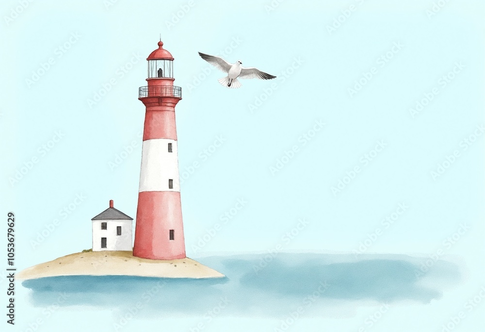 Watercolor Lighthouse and Seagull with Soft Red White Blue Tones on Aqua Background Watercolor Lighthouse and Seagull with Soft Red White Blue Tones on Aqua Background