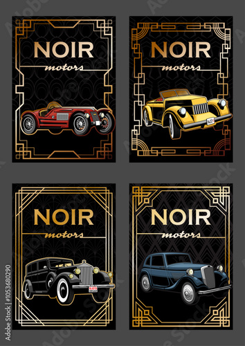 1930s - 1940s Retro Cars, Art Deco Frames and Backgrounds, Noir Style Posters, Covers, Illustrations Template Set 