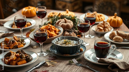 Festive Table with Seasonal Dishes and Drinks