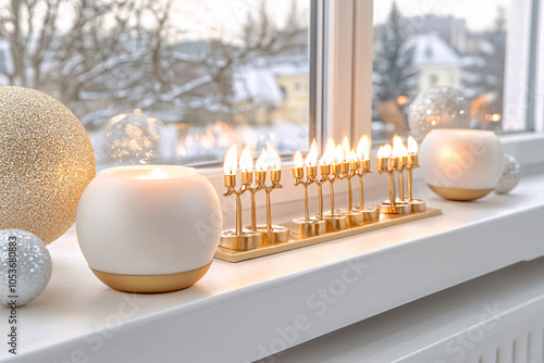 With Christmas decorations and a snowy window as the backdrop, a menorah adds warmth to the cozy holiday scene photo