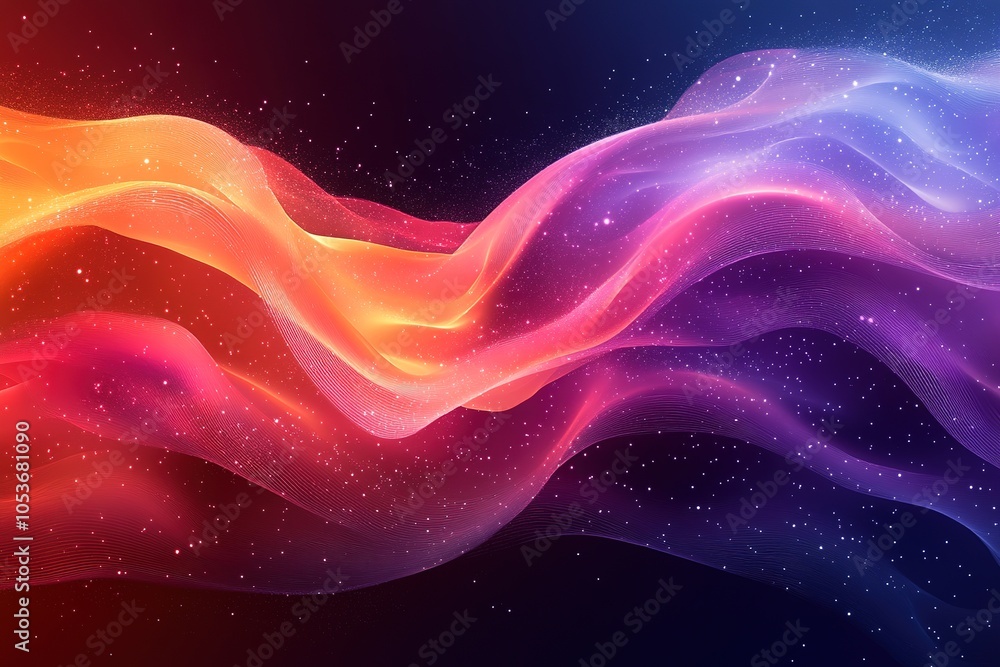 Abstract glowing wave in red, orange, and blue colors with sparkling particles on dark background. Abstract glowing wave in red, orange, and blue colors with sparkling particles on dark background.