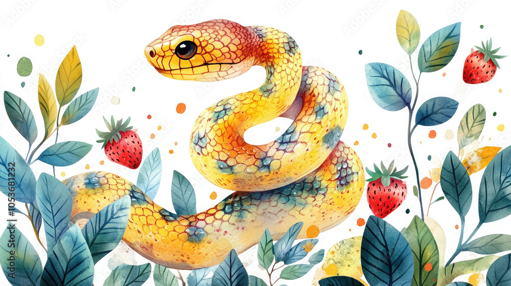Fototapeta premium Cute snake and strawberry, Chinese New Year